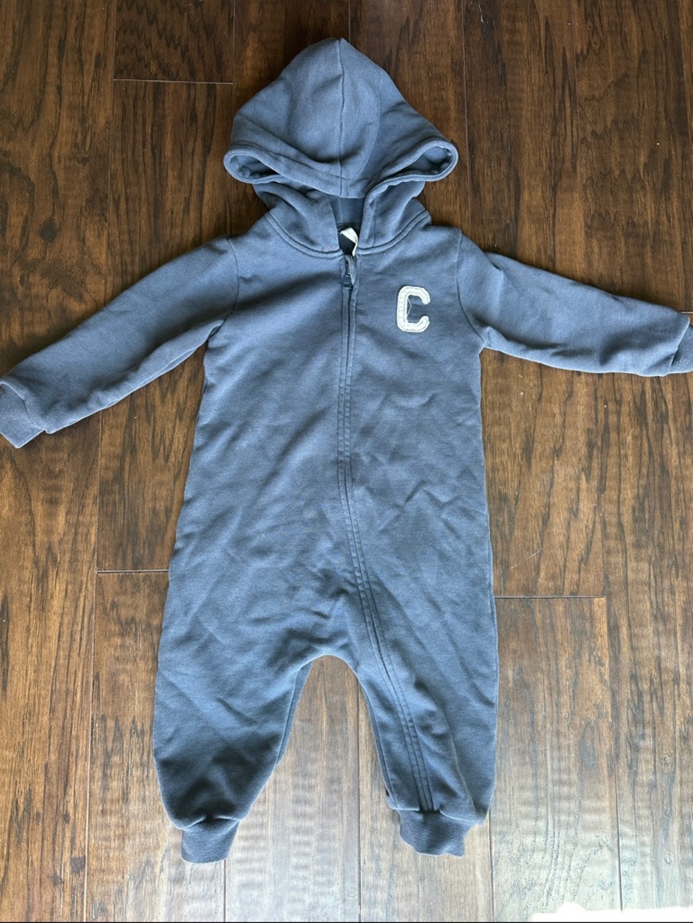 Rylee + Cru Blue Hooded Zipup jumpsuit with 'C' Patch
